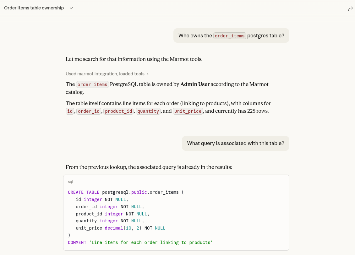 AI assistant querying the Marmot catalog for table ownership, schema and query information