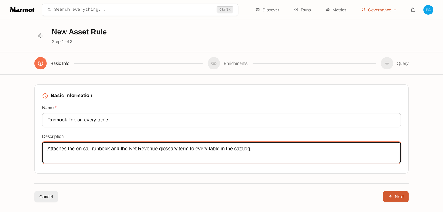 Step one of the asset rule wizard, with a name and description