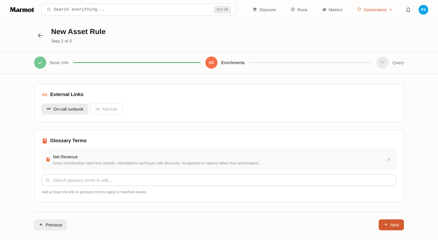 Step two of the asset rule wizard, with an external link and a glossary term attached