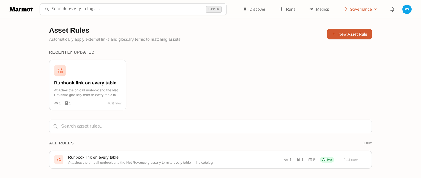 The Asset Rules page listing rules with their match counts and status