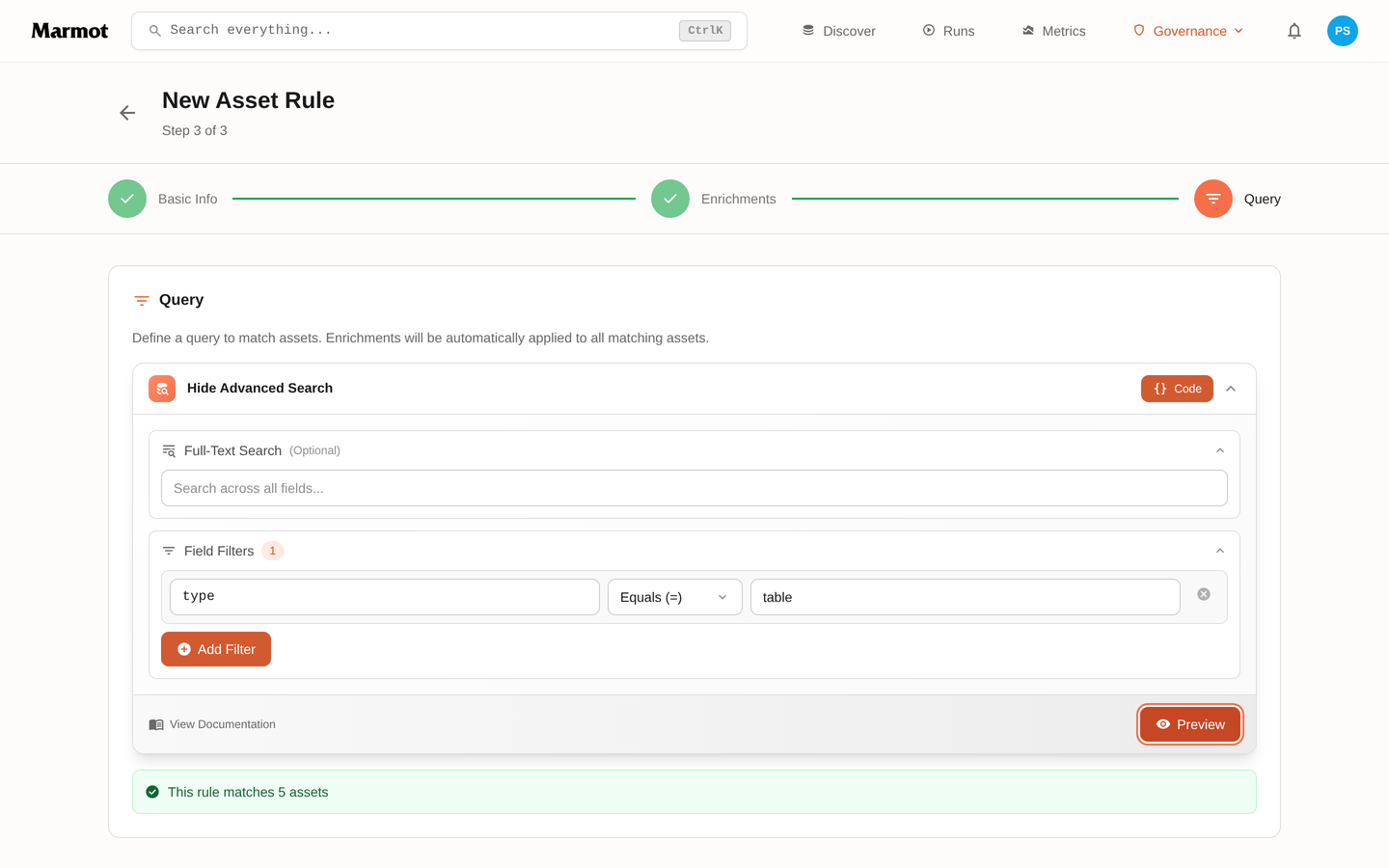 Step three of the asset rule wizard, previewing how many assets the query matches