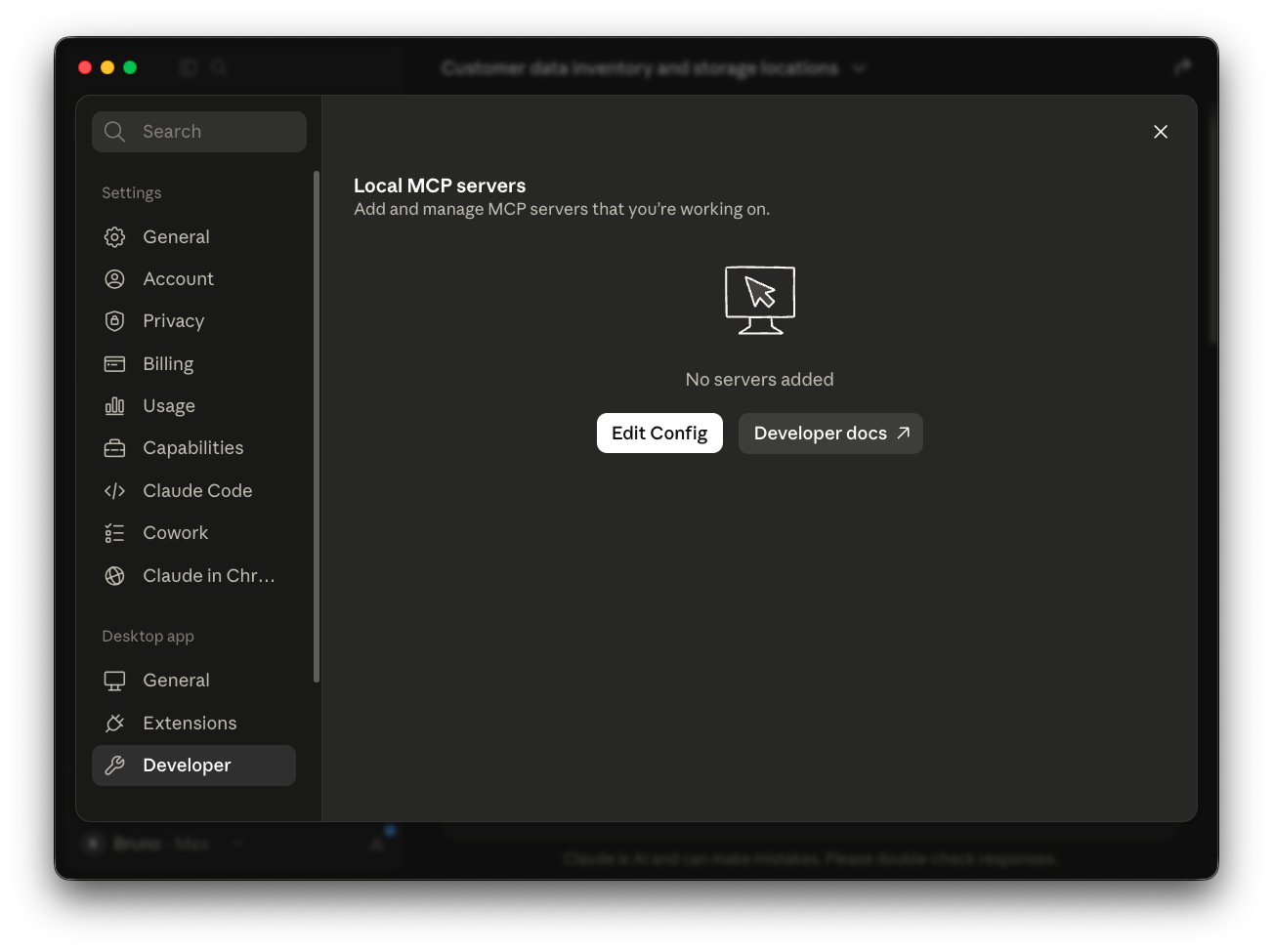 Claude Desktop Developer settings