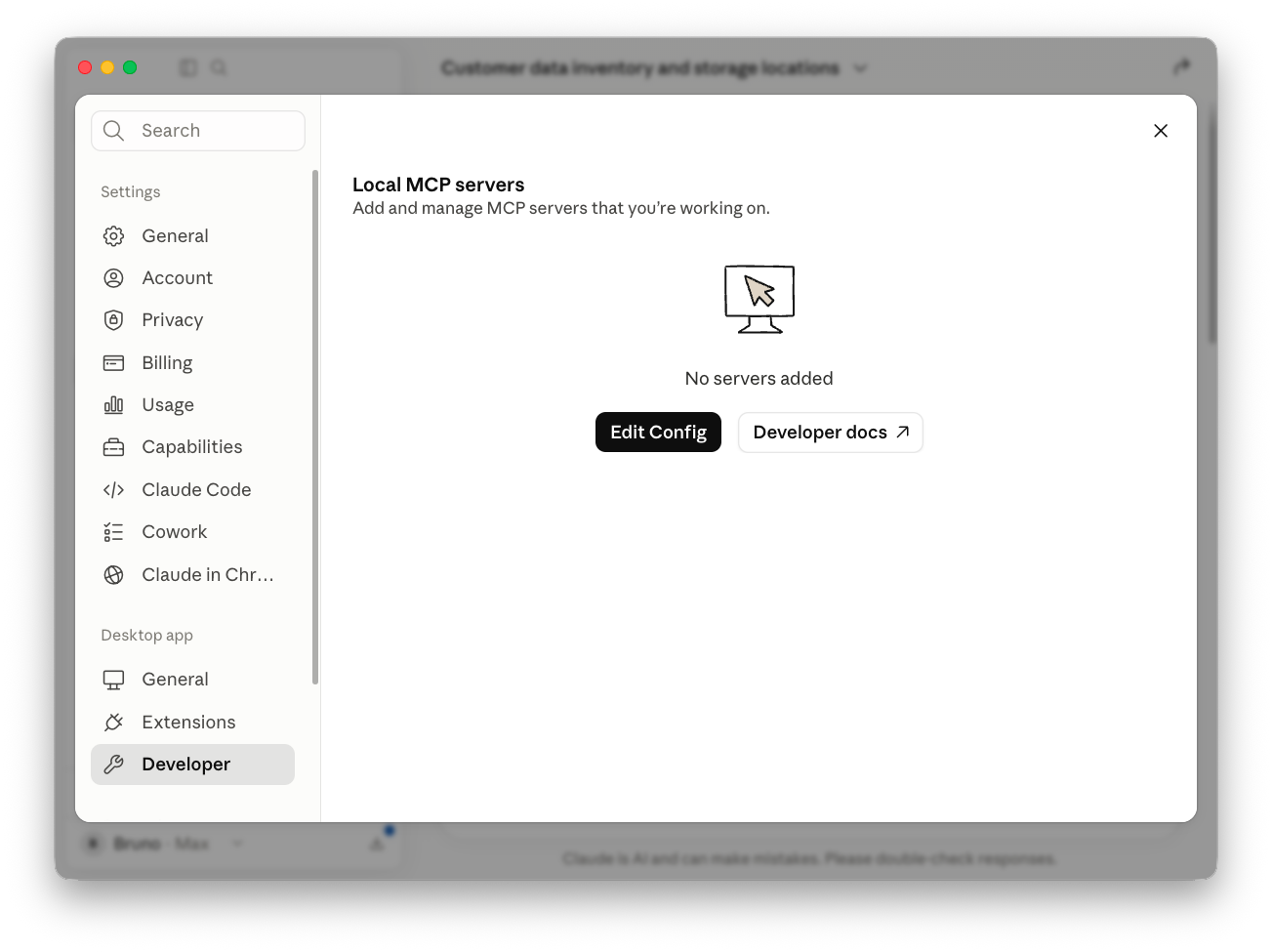 Claude Desktop Developer settings