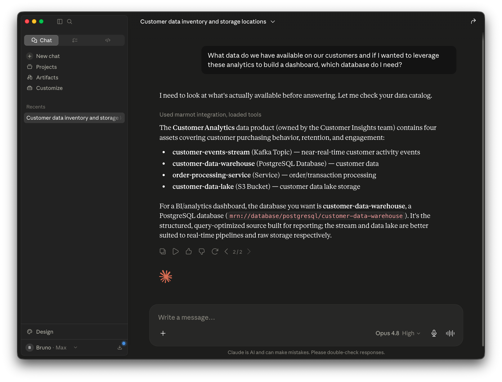 Claude Desktop discovering data assets through Marmot