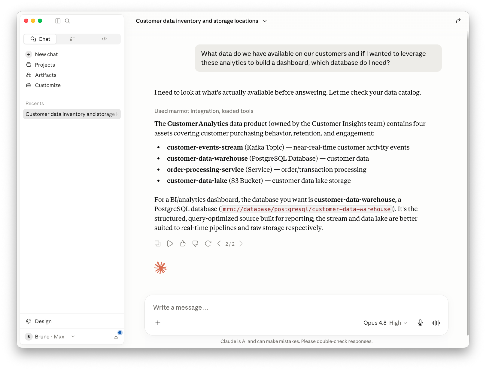 Claude Desktop discovering data assets through Marmot
