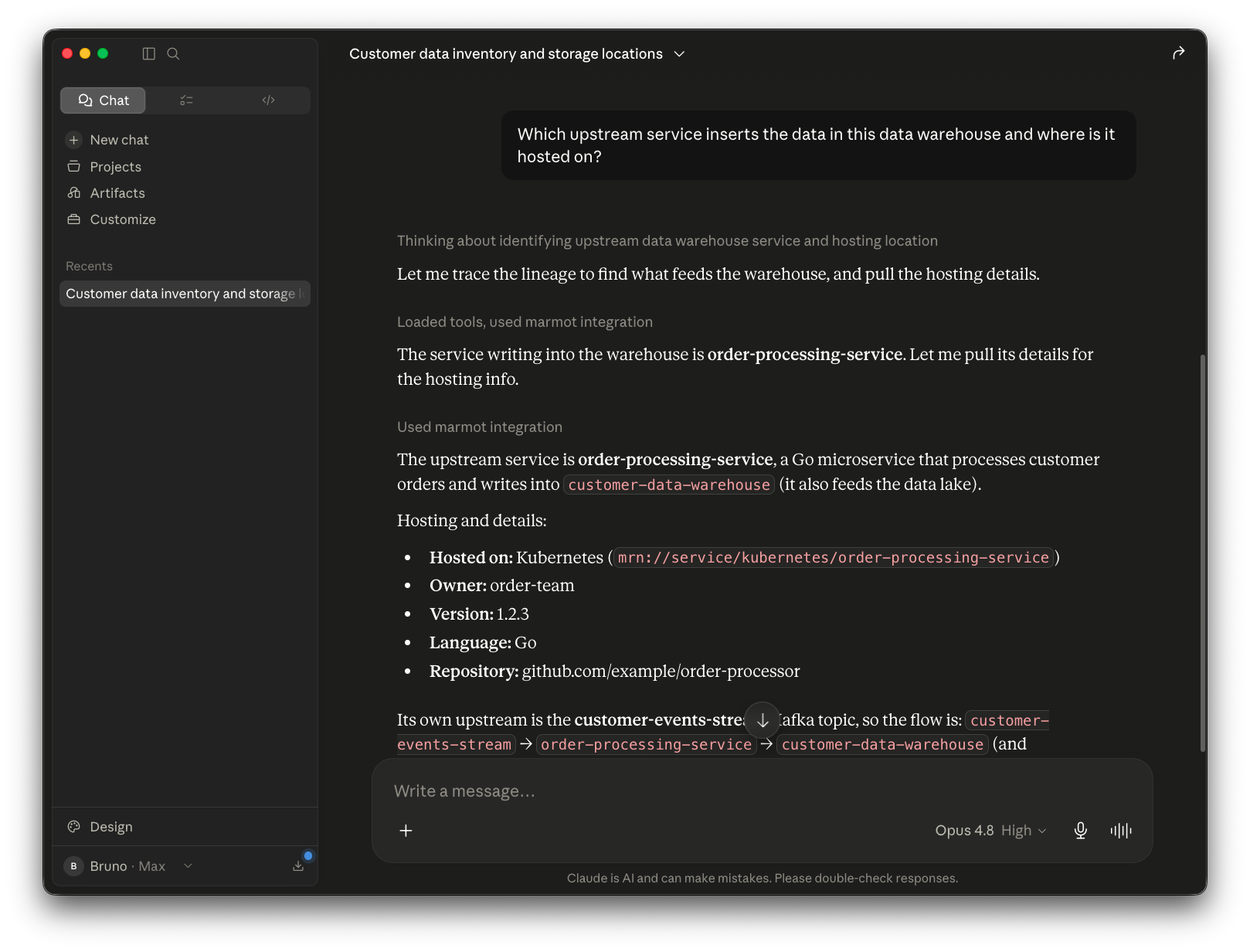 Claude Desktop tracing ownership and lineage through Marmot