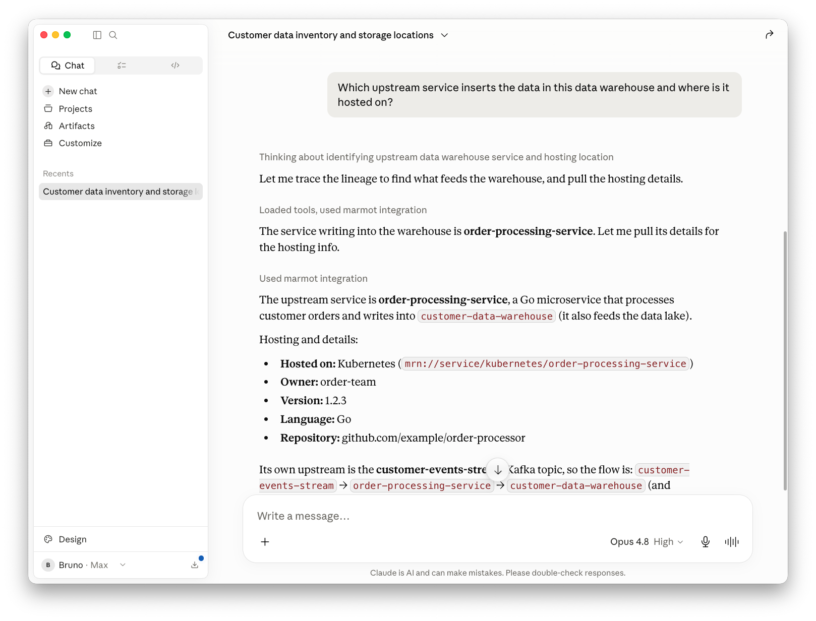 Claude Desktop tracing ownership and lineage through Marmot