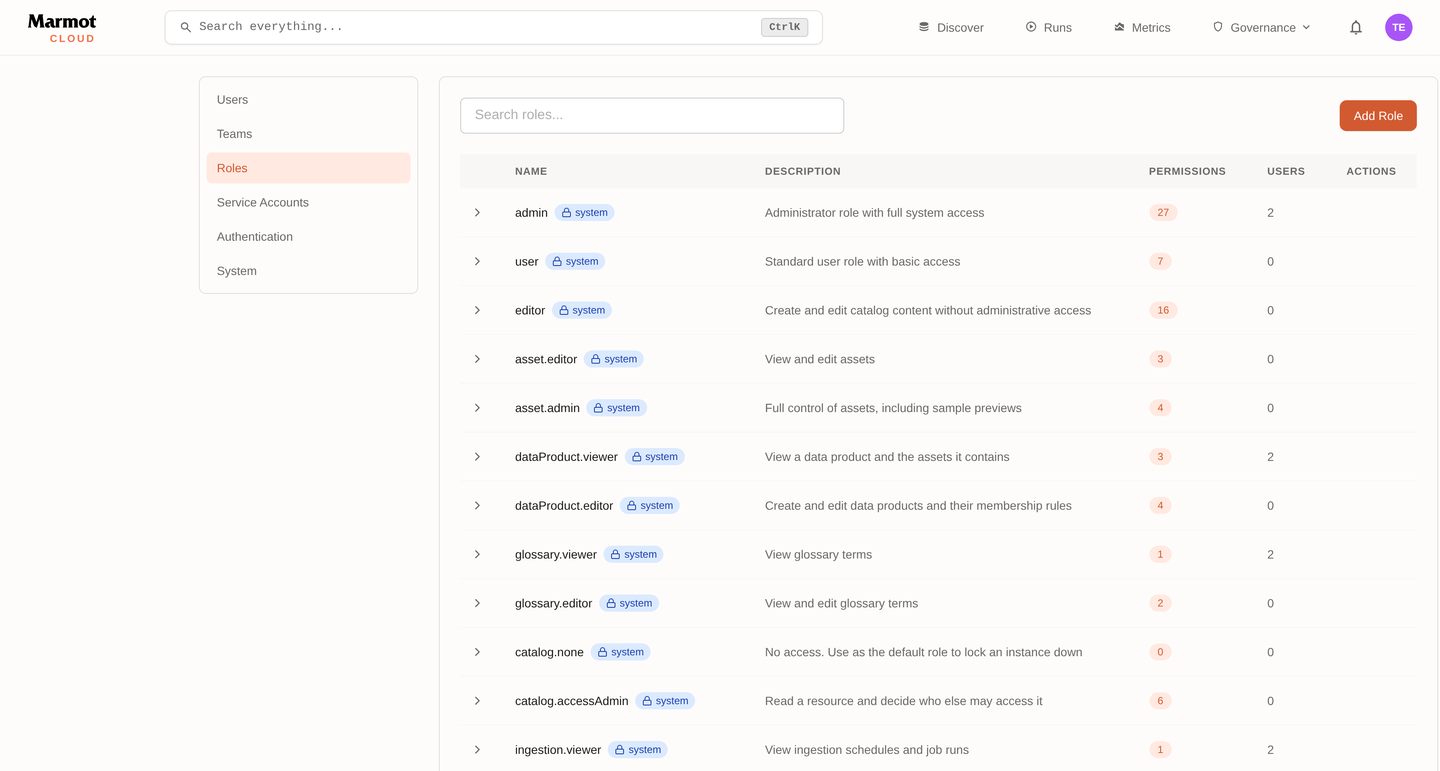 The Roles tab in a Marmot Cloud instance, listing the granular roles with the permissions each one carries
