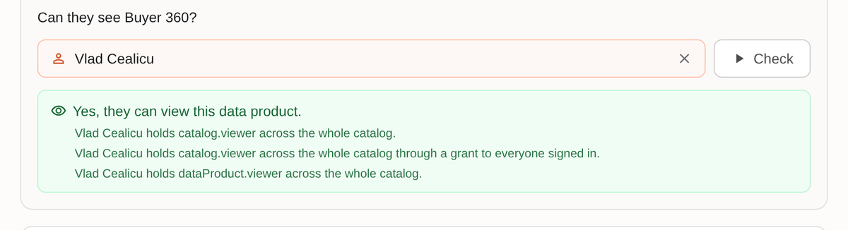 The check access control answering yes for a named user and listing the grants that give them the access