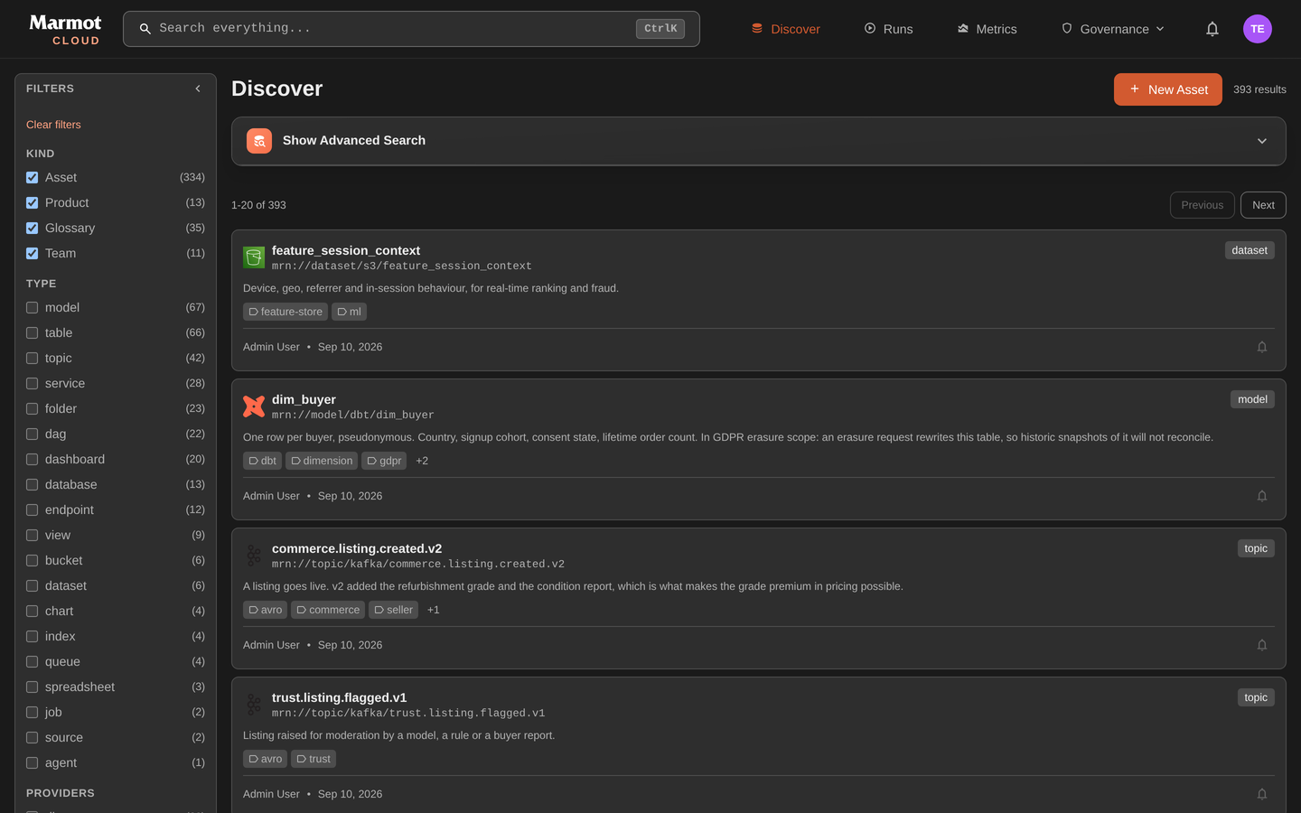 The Discover page with filters for kind, type and provider beside a list of catalogued assets
