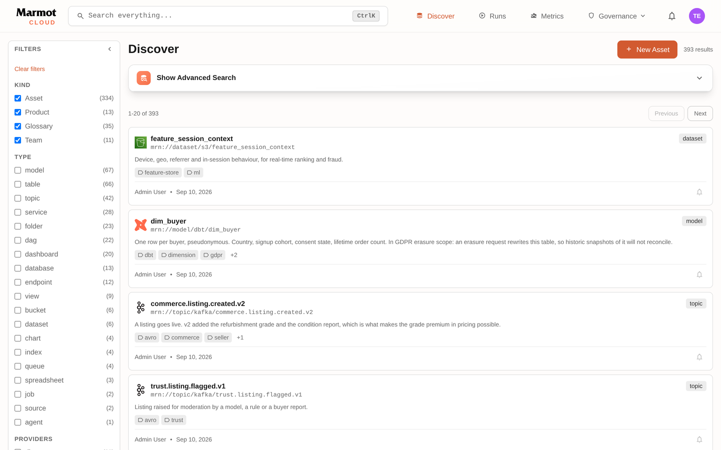 The Discover page with filters for kind, type and provider beside a list of catalogued assets