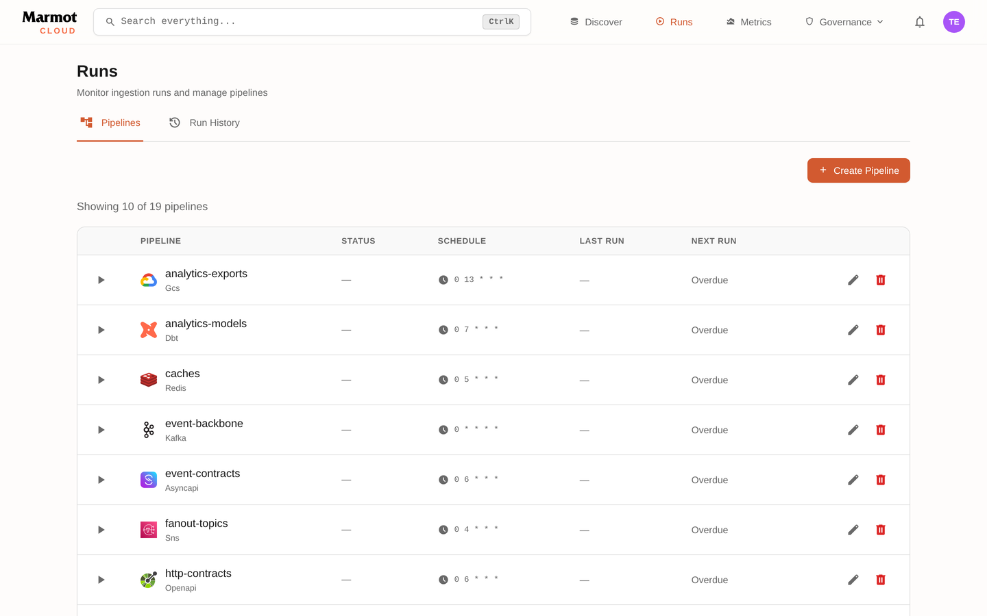The Runs page listing pipelines with their plugin, schedule, last run and next run