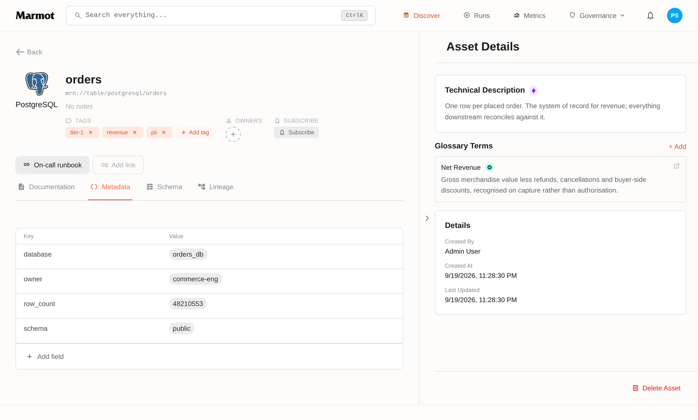 An asset page with a glossary term attached in the Asset Details sidebar