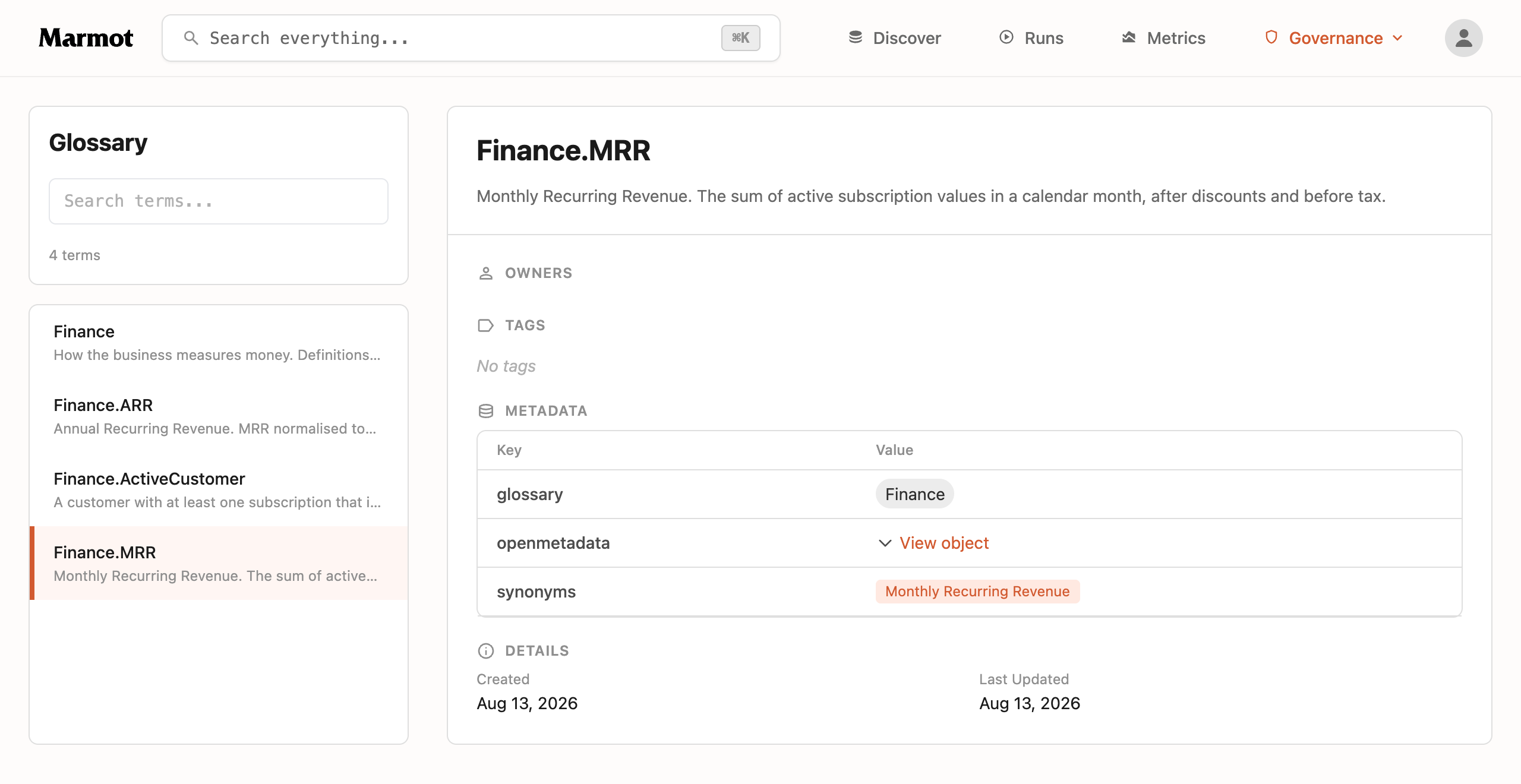 A business glossary imported from OpenMetadata into Marmot