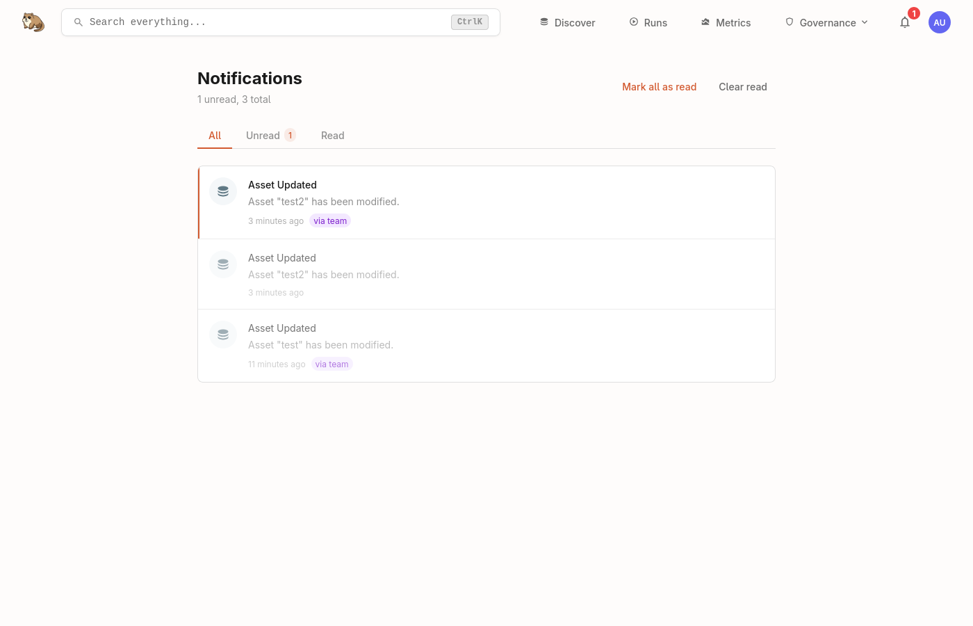 Full notifications page with filters