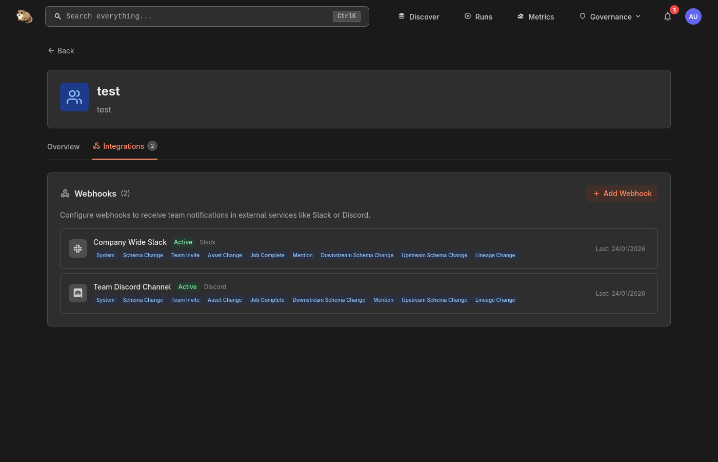 Team webhooks section