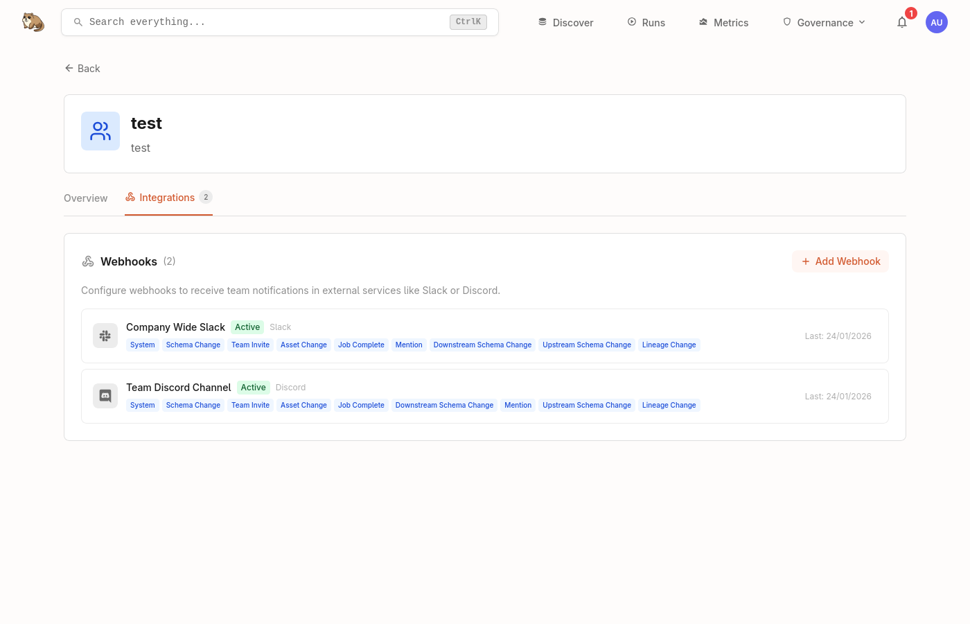 Team webhooks section